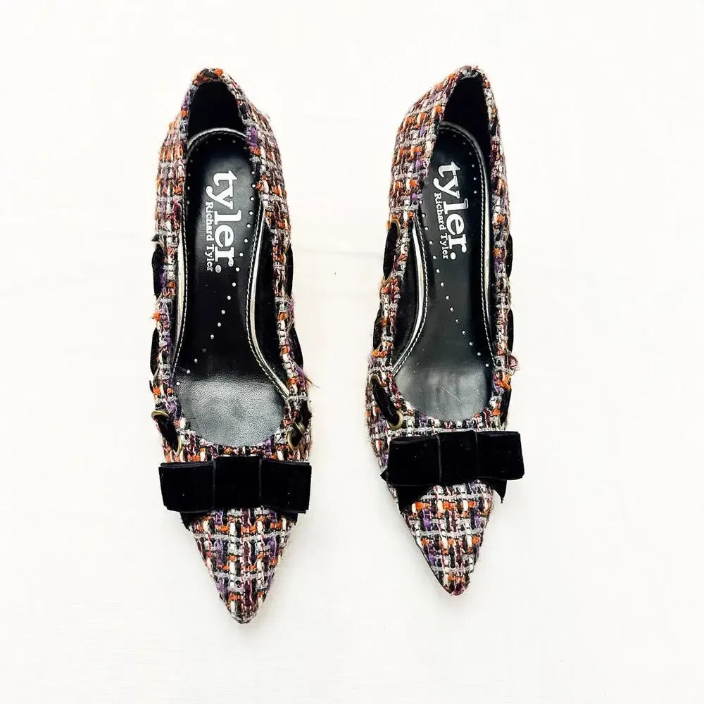 Richard Tyler Tweed Pointy Toe Kitten Heel Velvet Woven Textured Shoe Size 6.5